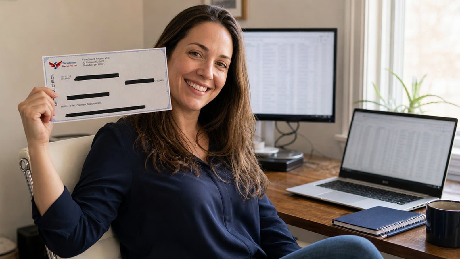 A recovery agent at her desk holding a Foreclosure Recovery Inc. claimant disbursement check