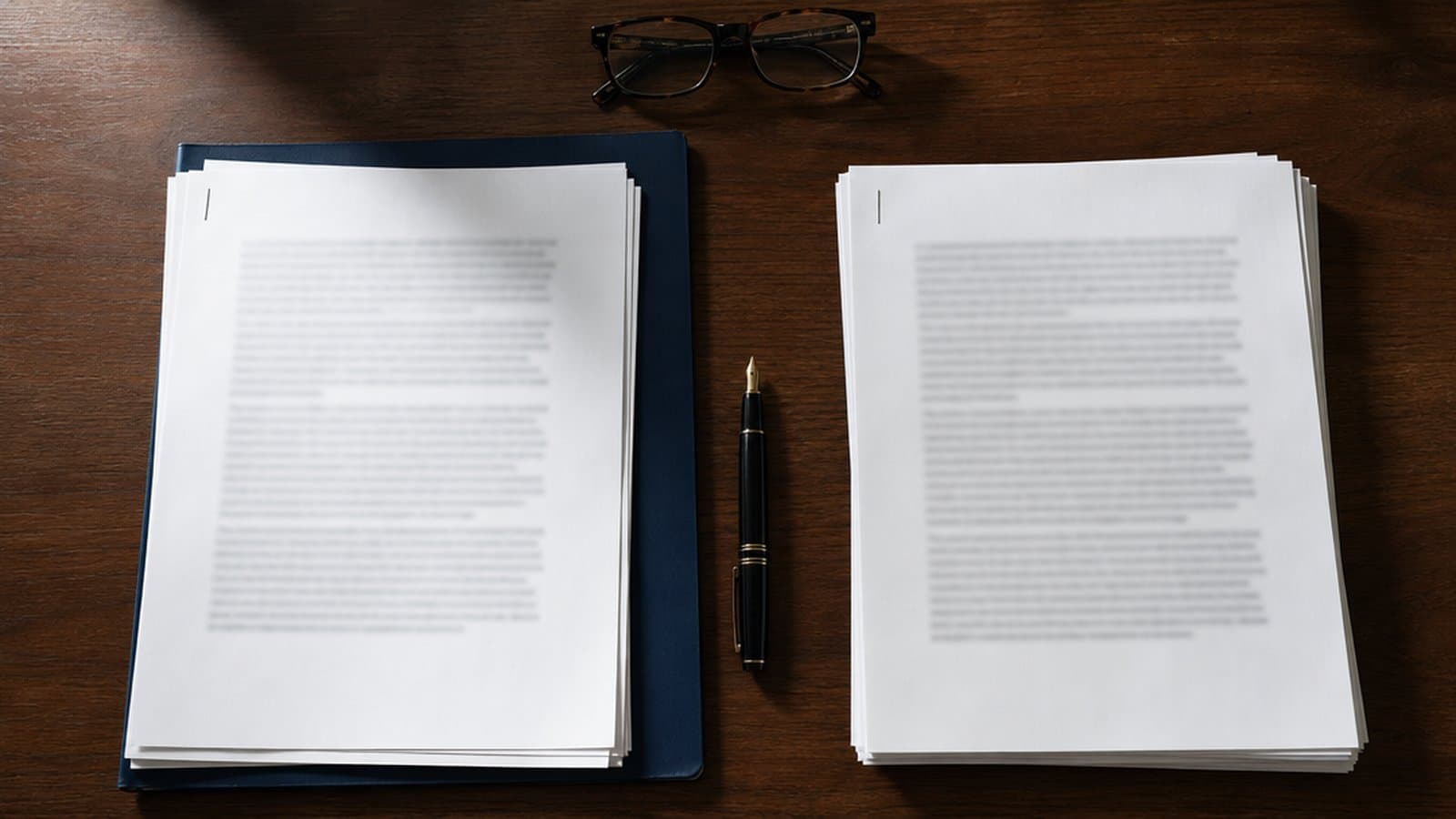 Two stacks of legal documents on a desk with a fountain pen between them