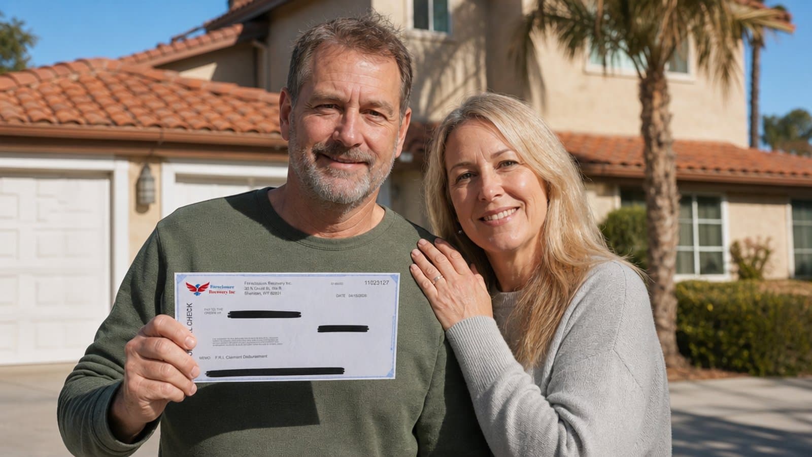 A couple in front of a California stucco home holding a Foreclosure Recovery Inc. claimant disbursement check