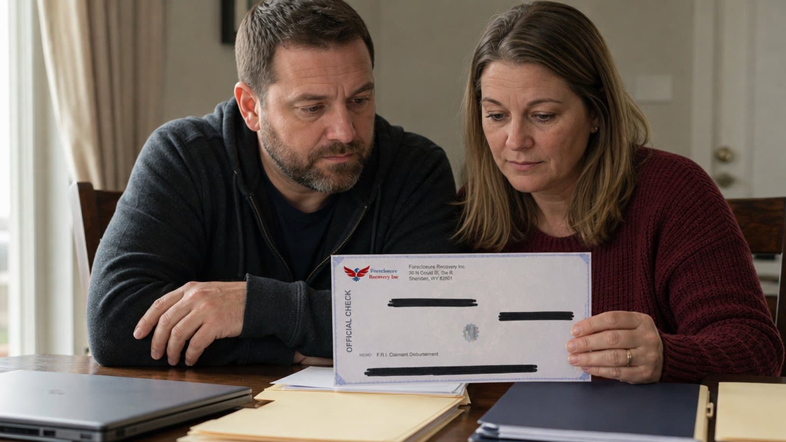 Two adult siblings at a dining table with estate paperwork and a Foreclosure Recovery Inc. claimant disbursement check