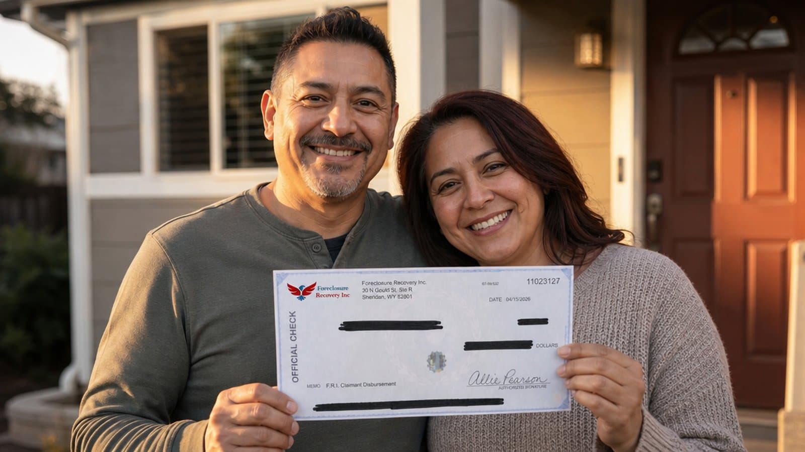 A husband and wife holding a Foreclosure Recovery Inc. claimant disbursement check outside their home