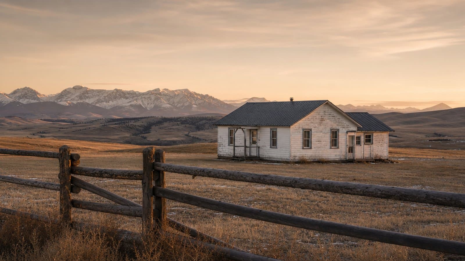 A Montana ranch property with a modest farmhouse and mountains at golden hour