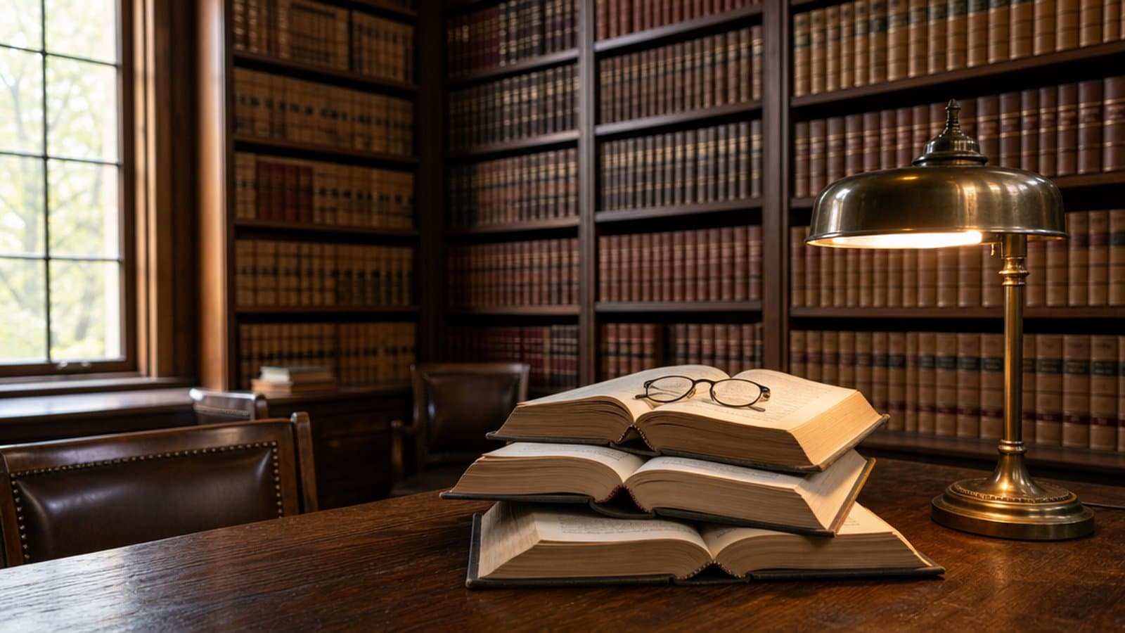 A law library reading table with open volumes and reading glasses
