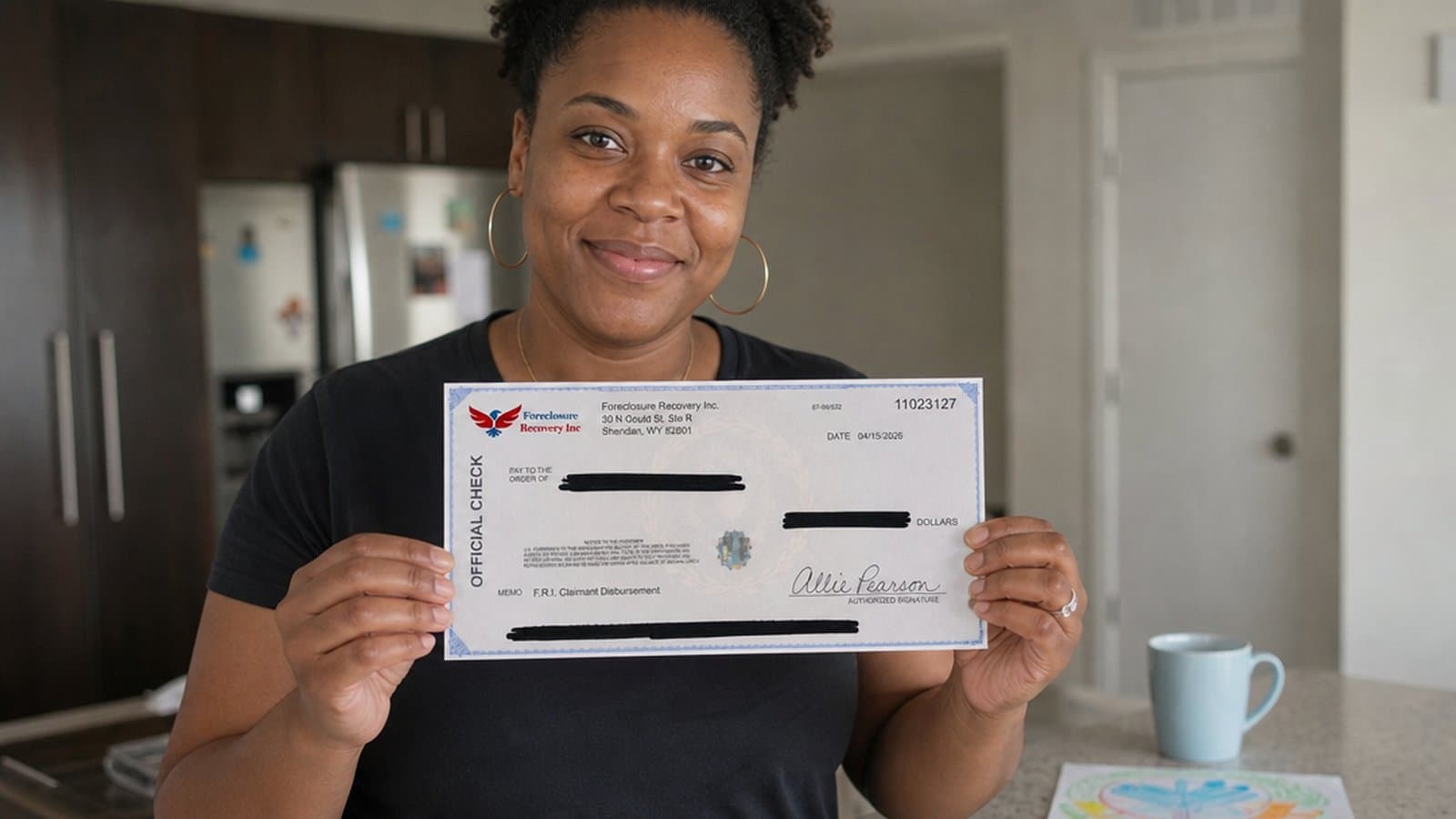 A woman in her kitchen holding a Foreclosure Recovery Inc. claimant disbursement check