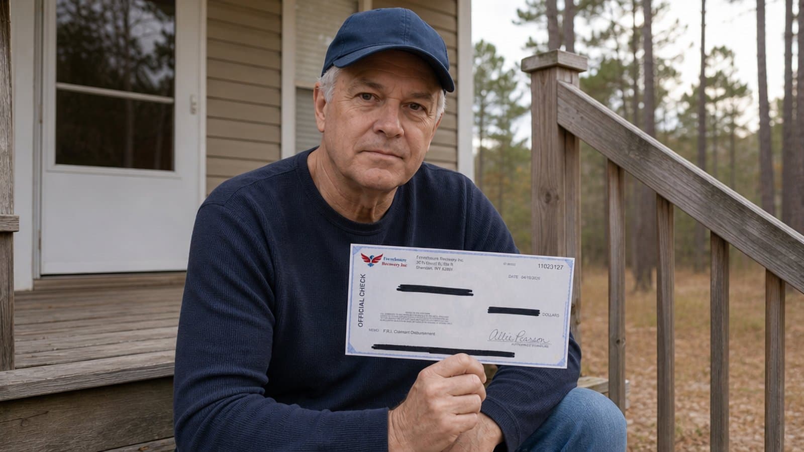 A retired man on the front steps of a Georgia house holding a Foreclosure Recovery Inc. claimant disbursement check