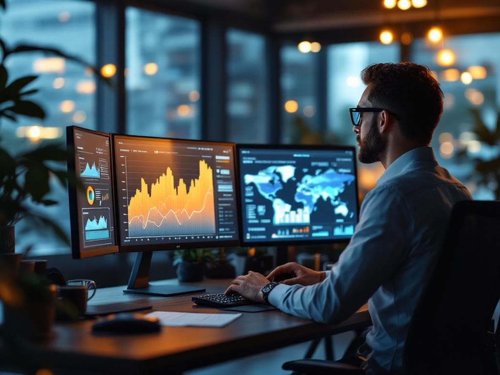 Analyst reviewing foreclosure market data on a multi-monitor dashboard