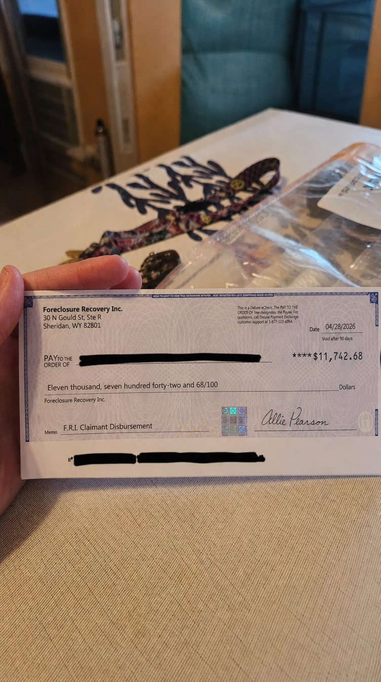 Foreclosure Recovery Inc. claimant disbursement check