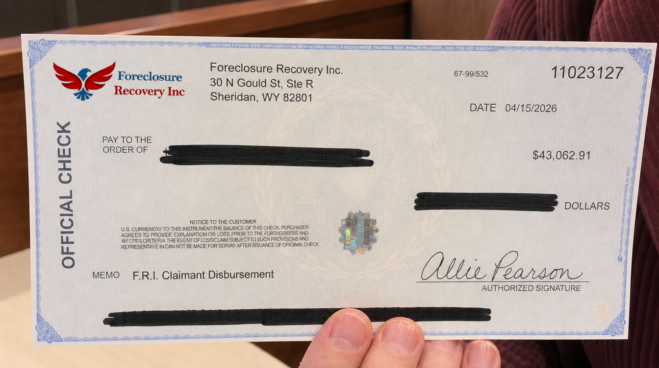 Foreclosure Recovery Inc. claimant disbursement check