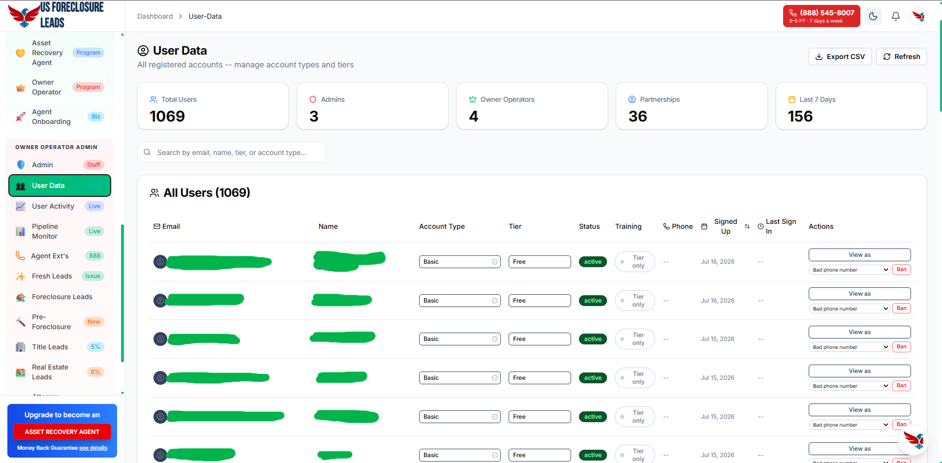 Owner Operator admin — manage over 1,000 registered users and your agent roster