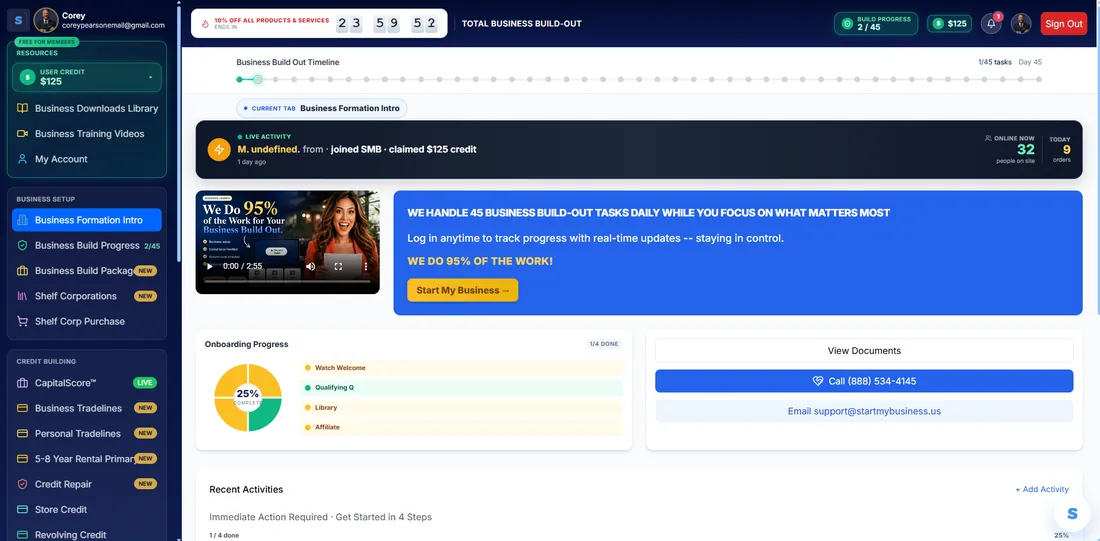 Your Start My Business build-out dashboard — 45 daily tasks handled for you