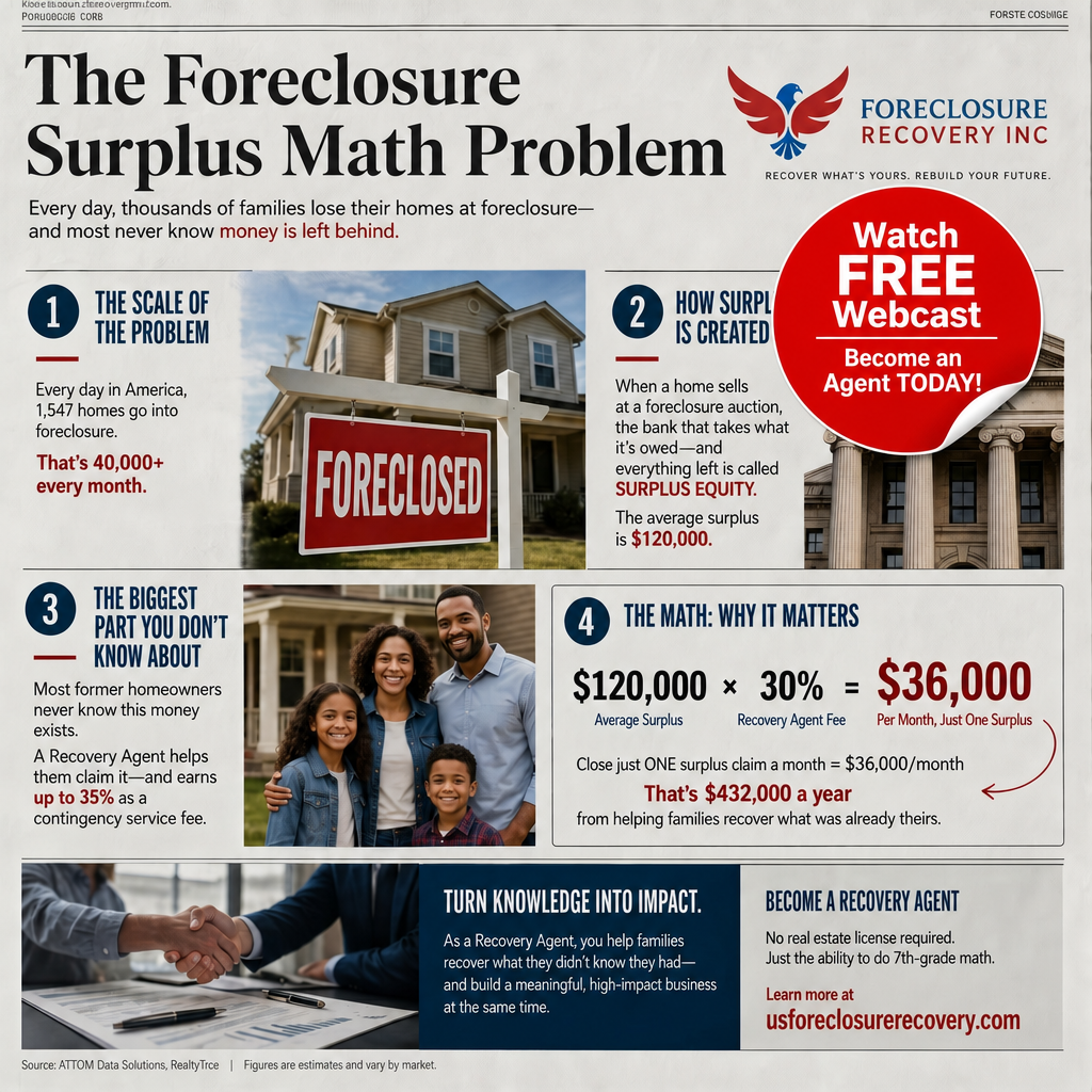 How foreclosure surplus funds are created: a home sells at auction for more than is owed, and the money left over belongs to the former homeowner.